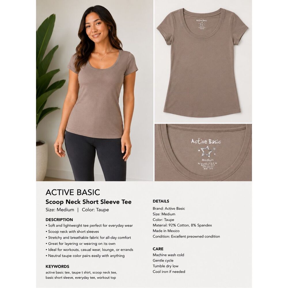 Active Basic Taupe Scoop Neck Tee Medium Soft Stretch Casual Top